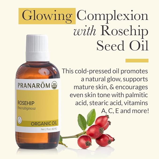Pranarom - USDA Certified Organic Cold-Pressed Rosehip Virgin Plant Oil - 2 fl oz Glass Bottle - for Anti-Aging, Helps Acne Scar, Massaging, Face, Hair & Skin, Unisex