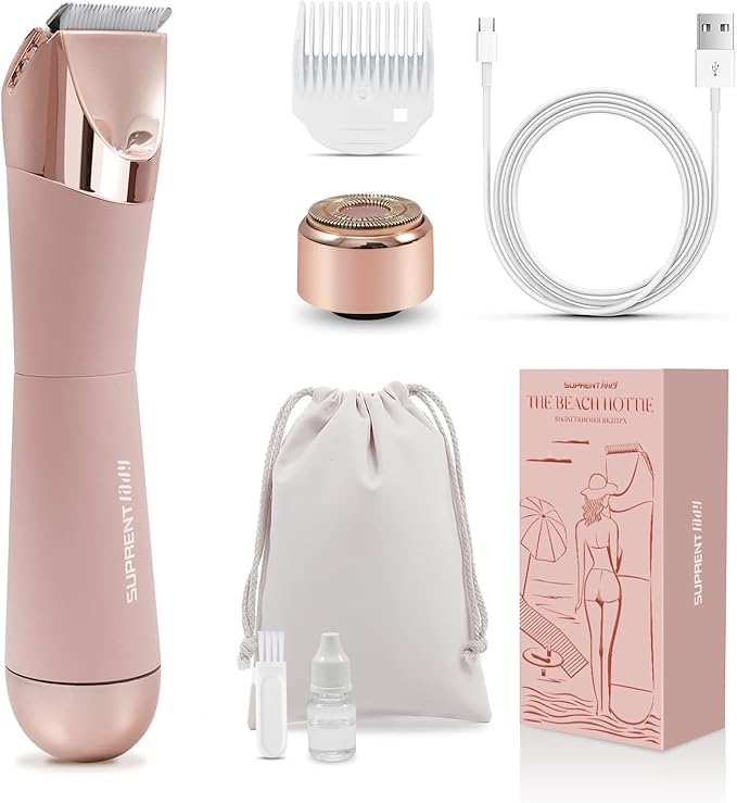 SUPRENT Bikini Trimmer Women- Painless Ladies Hair Removal Waterproof Wet & Dry- 2 in 1 Lady Shaver for Pubic Hair & Facial Hair- Cordless Electric Razors with USB-C Rechargeable-Pink
