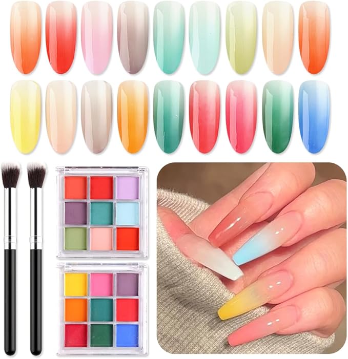 18 Colors Neon Phosphor Solid Pigment Powder Set for Ombre Nails, Fluorescent Nail Pigment Glitter Iridescent Rubbing Dust with Nail Ombre Brush for Gradient Nail Art Manicure DIY Accessories