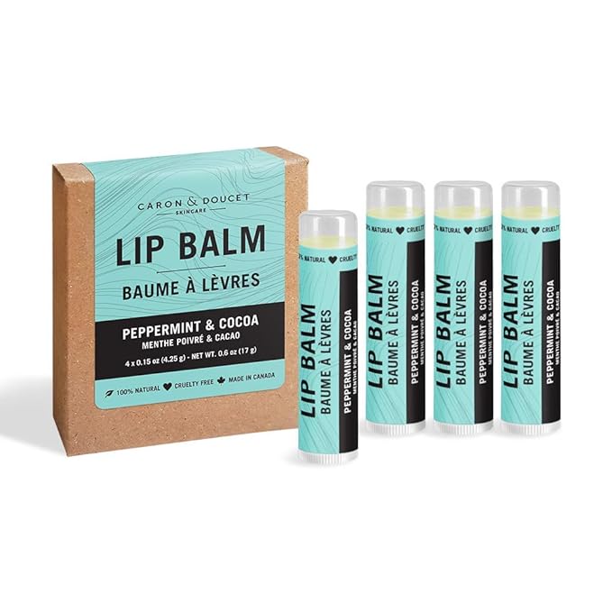 Caron & Doucet - 100% Natural Lip Balm - Premium Beeswax & Olive Oil Moisturizing Lip Balm - Best for Dry Chapped Lips. (Pack of 4, Peppermint & Cocoa)
