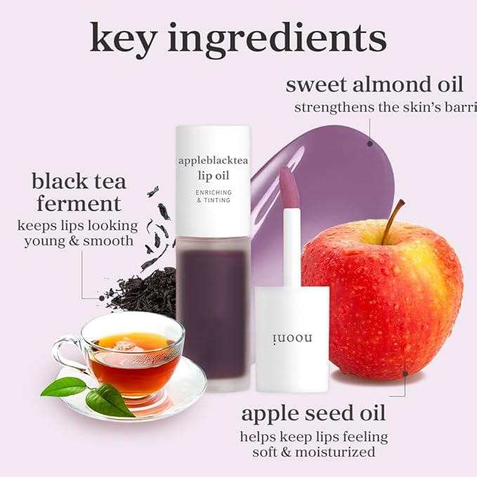 NOONI Korean Lip Oil - Appleblacktea | Long-Lasting, Moisturizing, Plumping, Revitalizing for Dry Lips, Waterproof, No Peel Off, Hydrating, Nourishing Crystal Clear, 0.12 FL Oz