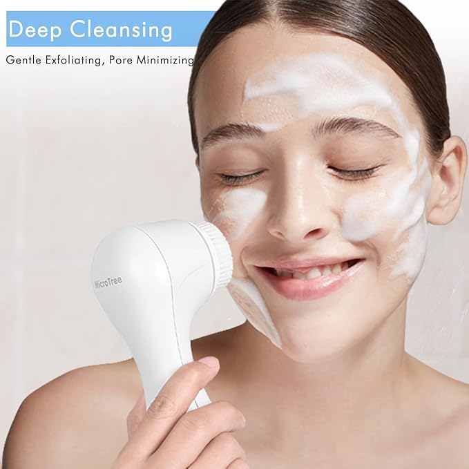 Microtree Facial Cleansing Brush, Electric Face Scrubber Exfoliator for Women Skin Care Deep Cleaning Exfoliating, Rechargeable Waterproof with 2 Sonic Vibration Speeds for Home & Travel(White)