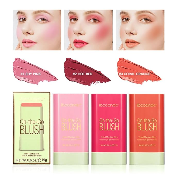 Multi-Use Makeup Blush Stick, 3-in-1 Cream Blush Stick Beauty Tinted Solid Blush Stick for Cheek/Eyes/Lips, Waterproof Moisturizer Stick, Suitable for All Skin (03# Coral Orange)