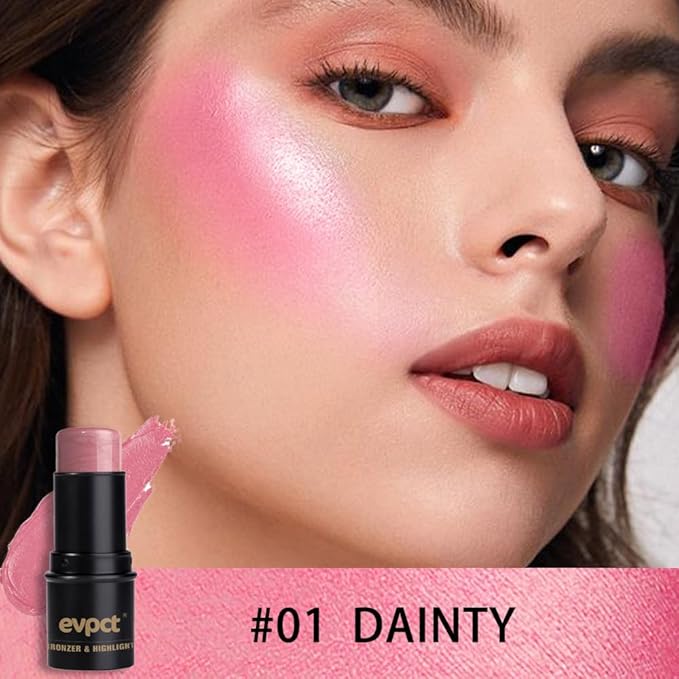 evpct 2Pcs Shimmer Pink Rose Cream Blush Stick for Cheeks Lips Tint Eyes Contour Highlighter Makeup Sticks Lightweight Hydrating formula rubor en crema para los cachetes 01 Dainty & 05 Sweet Heart