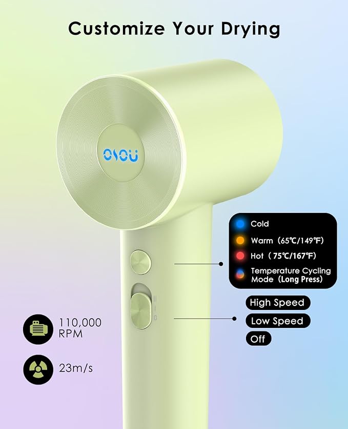 Hair Dryer with Diffuser for Curly Hair, Negative Ionic Hairdryer, High-Speed Blow Dryer with 110, 000 RPM Brushless Motor, Fast Drying Lightweight Travel Hairdryer, Low Noise Quiet Hair Dryers