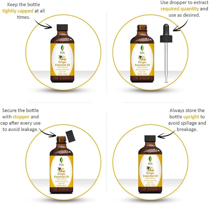 SVA Ginger Essential Oil – 4 Fl Oz – 100% Natural Ginger Oil - for Diffuser, Hair Care, Face, Skin Care, Aromatherapy, Scalp and Body Massage, Soap and Candle Making – with Dropper