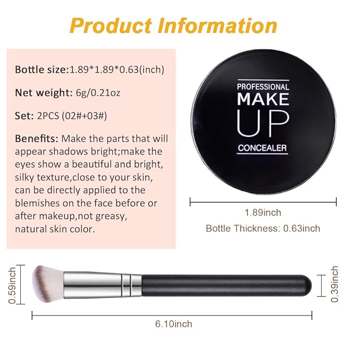 Kaely 2Pcs Pot Concealer Full Coverage Set,under Eye Brightener Concealer for Conceals Dark Circles,Waterproof Foundation Face Makeup Brush Kit,Color Correcting Concealer,02+03