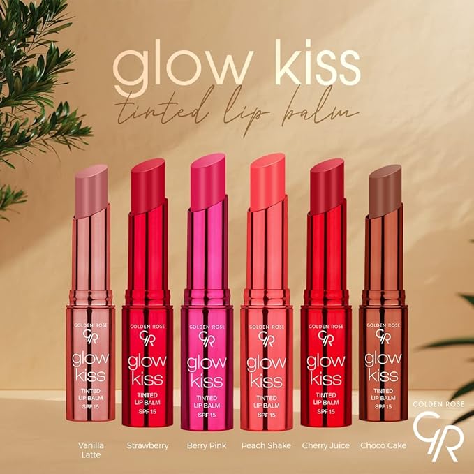 Golden Rose Cosmetics Glow Kiss Tinted Lip Balm with SPF15, Vegan Formula (Peach Shake)