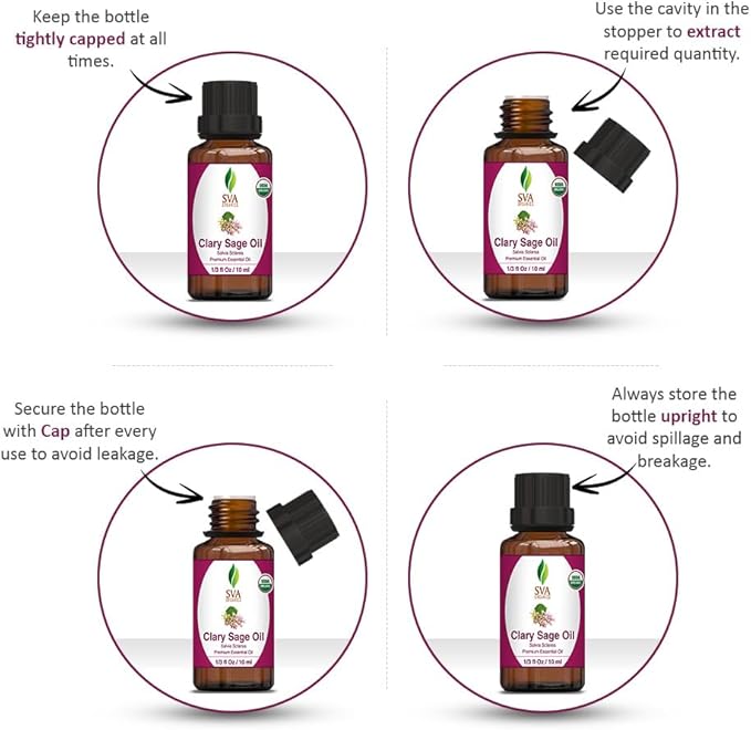 SVA Clary Sage Essential Oil Organic – 1/3 Fl Oz – 100% Natural Organic Clary Sage Oil - for Diffuser, Hair Care, Face, Skin Care, Aromatherapy, Scalp and Body Massage, Soap and Candle Making