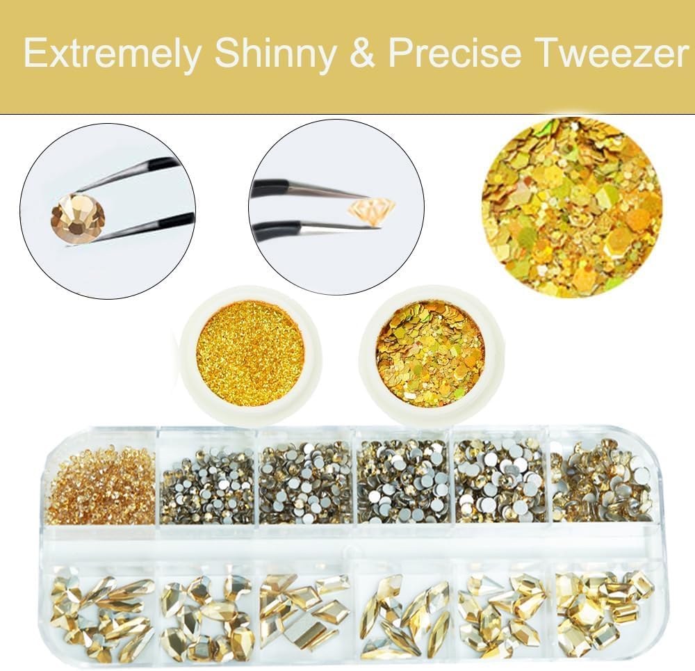 3 Boxes Champagne Gold Nail Rhinestones with Fine Glitters Kit, 60Pcs Big Glass Nail Gems with S6-S16 Flatback Round Stones,Crystals Nail Gem Stones for Faces Body DIY Crafts