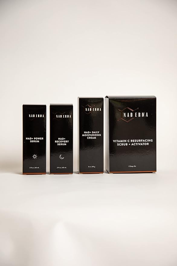 Naderma Set (NAD+ Daily Moisturizing Cream, NAD+ Power Serum, NAD+ Recovery Serum, and Vitamin C Resurfacing Scrub + Activator))