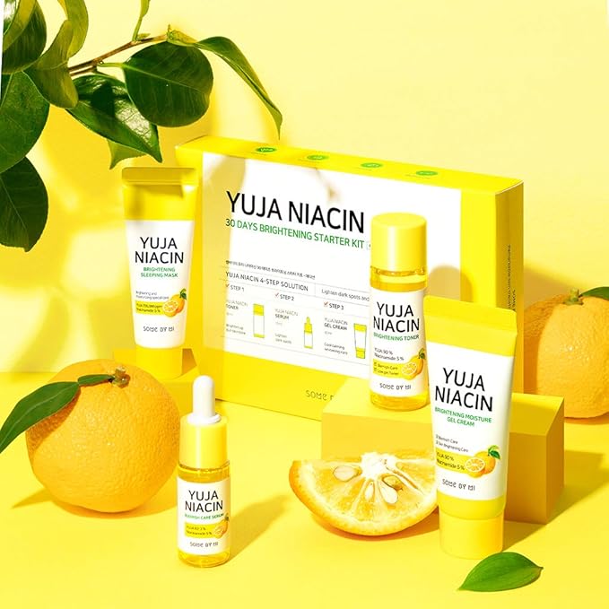 SOME BY MI Yuja Niacin 30 Days Brightening Starter Kit/Toner 1.01Oz, Serum 0.33Oz, Gel Cream 1.01Oz, Sleeping Mask 0.67Oz / Melasma and Blemish Care/Facial Skin Care Set