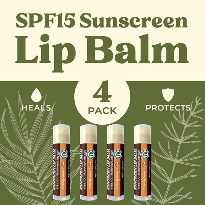 SPF Lip Balm 4-Pack by Earth's Daughter - Lip Sunscreen, SPF 15, Organic Ingredients, Coconut Flavor, Beeswax, Coconut Oil, Vitamin E - Hypoallergenic, Paraben Free, Gluten Free, New