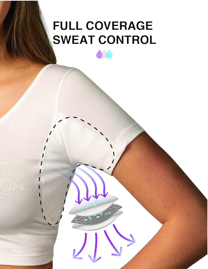 Women’s Undershirts - Sweatproof Shirts Women with Underarm Sweat Pads - White…