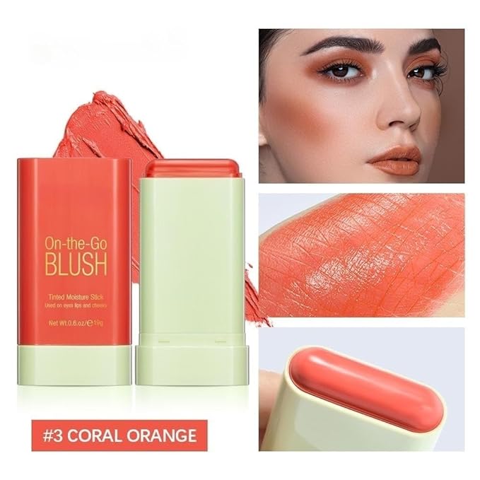 On-the-Go Makeup Blush Stick Tinted Moisture Stick, Shadow Lips Cheek Blusher Creamy Makeup Long Lasting Natural Nude Makeup for All Skin (orange)