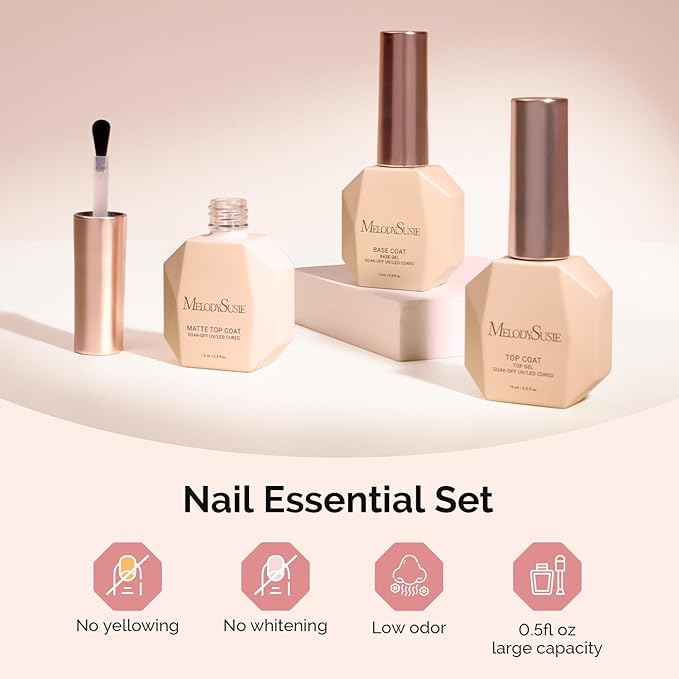 MelodySusie No Wipe Glossy Top Coat Base Coat Matte Top Coat Set Long Lasting Shine Finish Soak Off UV LED Nail Lamp Nail Art Design Manicure Kit Perfect Gifts for Women Girls 3 Pcs 15ml Clear