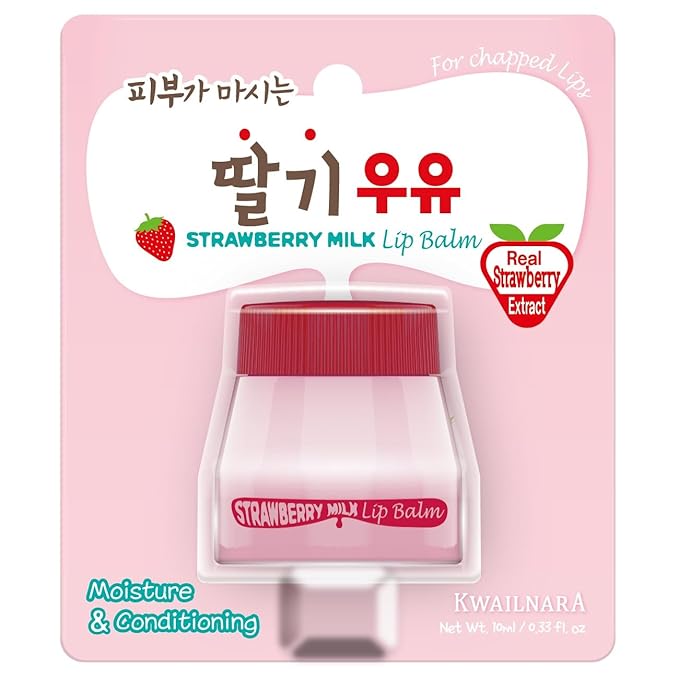 WELCOS Kwailnara Milk Lip Balm | Moisturizing, Soothing, Nourishing with Milk and Royal Jelly Extract | Korean Lip Care | 10 ml / 0.33 Fl. oz | Strawberry