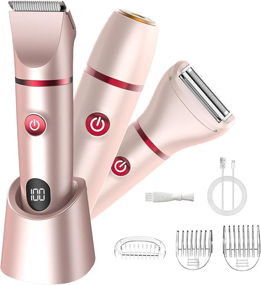 Bikini Trimmer for Women- 3 in 1 Painless Electric Razors for Women,Waterproof Pubic Hair Trimmer and Facial Hair Remover,LCD Display Body Shaver for Trip,Rechargeable Women's Grooming Kit