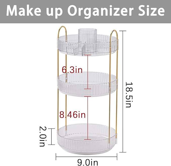 Rotating Makeup Organizer for Vanity, High-Capacity Skincare Clear Make Up Storage Perfume Organizers Cosmetic Dresser Organizer Countertop 360 Spinning (Clear, New-3 Tier)