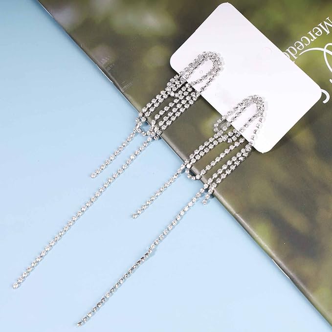 Rhinestone Tassel Ear Jacket Earrings Long Rhinestone Chain Earrings Silver Crystal Tassel Earrings Vintage Chandelier Chain Earrings Luxury Statement Earrings Jewelry for Women and Girls Gifts