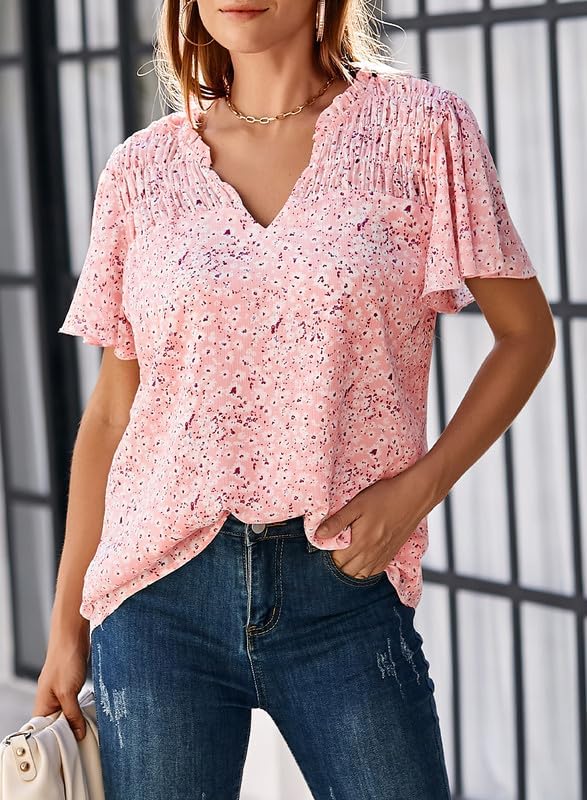 SHEWIN Women's Casual V Neck Floral Print Smocked Short Sleeve Chiffon Blouses Bohemian Top Shirts