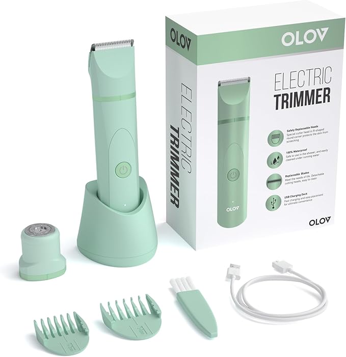 OLOV Electric Body Hair Trimmer - Groin Trimmer for Men - Bikini Trimmer Women - Wet/Dry Shaver Groomer, Replaceable Ceramic Blade Heads, USB Recharge Dock, Waterproof Hygiene Razor, Green