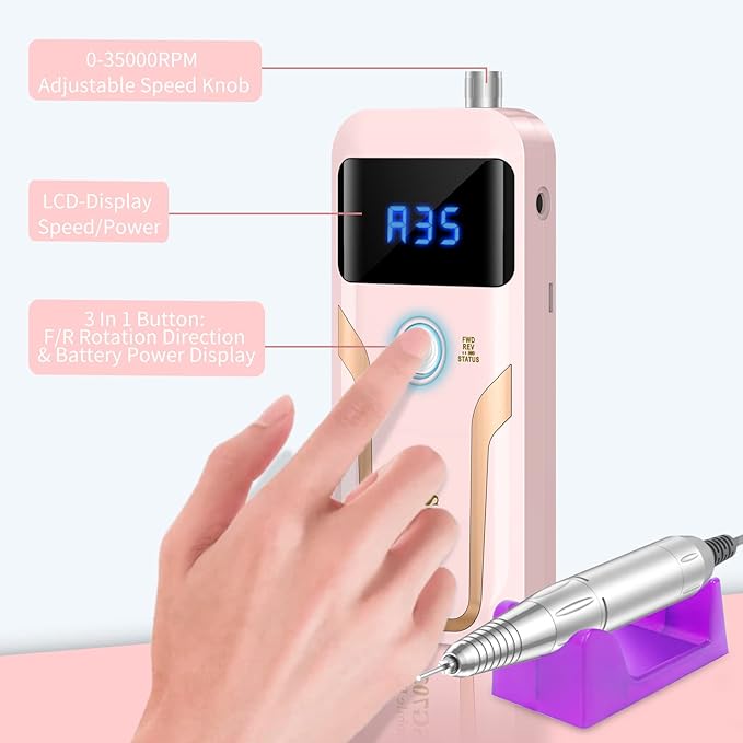 Portable Nail Drill Professional 35000 RPM, MOCOWIND Rechargeable Electric Nail File Machine E File for Acrylic Gel Polishing Removing, Cordless E-File with Bits Kit for Manicure Salon Home,Pink