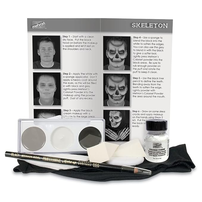 Mehron Makeup Premium Character Kits| Makeup Kits for Halloween & Cosplay| Made in the USA | Complete Makeup Kit | Includes all Makeup, Tools, & Instructions on How to Create the Look | (Skeleton)