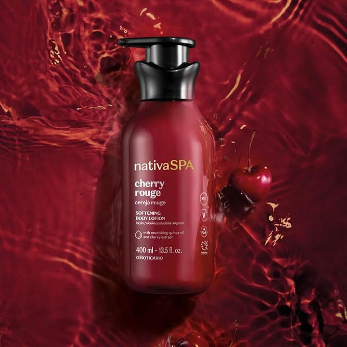 O Boticário Nativa SPA Cherry Rouge Velvety Body Lotion, Bold Oriental Amber Fragrance with Cherry Extract & Quinoa Oil, Collagen Boosting Hydration, 13.5 Ounce (400ml)