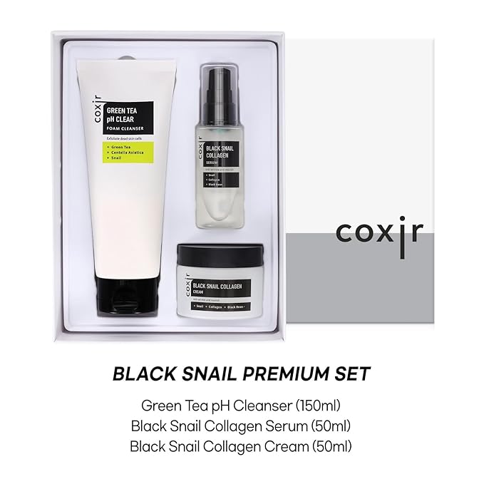 coxir BLACK SNAIL GIFT SET /Gift Set Birthday present /Foam Cleanser+Serum+Cream/Black Rice, Bean, Sesame, Snail Mucin, Collagen, Peptide l Repairing&Firming l Korean Skin Care