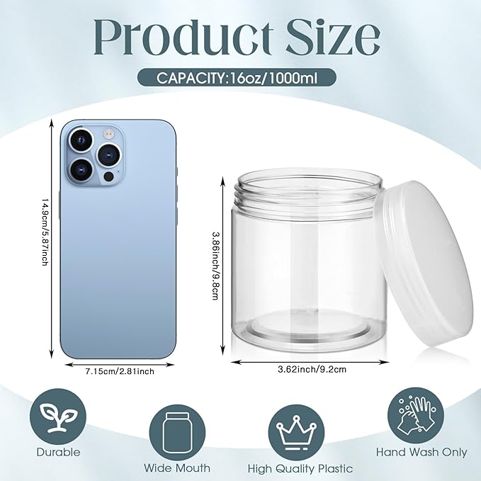 SATINIOR 24 Pieces Empty Clear Plastic Jars with Lids Round Storage Containers Wide Mouth for Beauty Product Cosmetic Cream Lotion Liquid Butter Craft and Food (Clear Lid,16 oz)