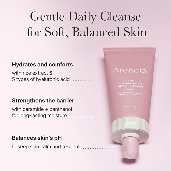 Rosehip Rice Cake Cleanser, pH Balancing Face Wash with Ceramide for Sensitive Skin, 5.29 oz