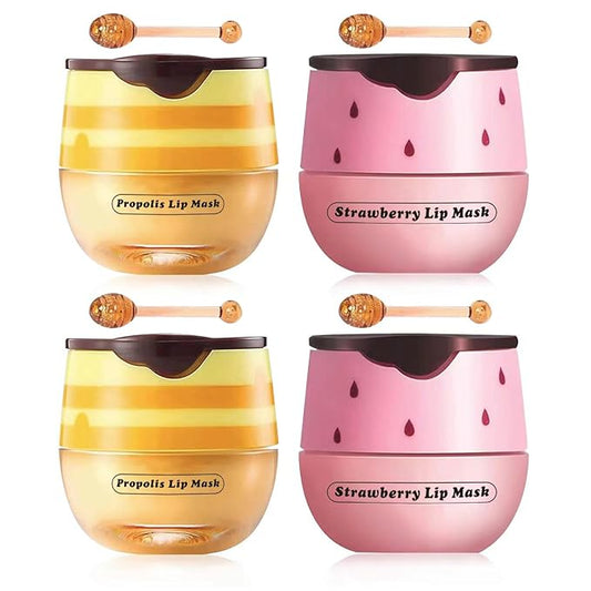 4 Pcs Strawberry & Honey Lip Balm, Vitamin E Lip Masks Moisturizing Propolis Sleeping Lip Mask, Hydrating & Prevention Dry and Cracked Lip Scrubs Exfoliator (2 Pack Strawberry + 2 Pack Honey)