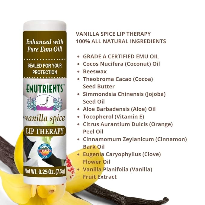 Montana Emu Ranch - Lip Therapy Lip Balm 0.25 Ounce - Vanilla Spice Flavor - Enhanced with Pure Emu Oil