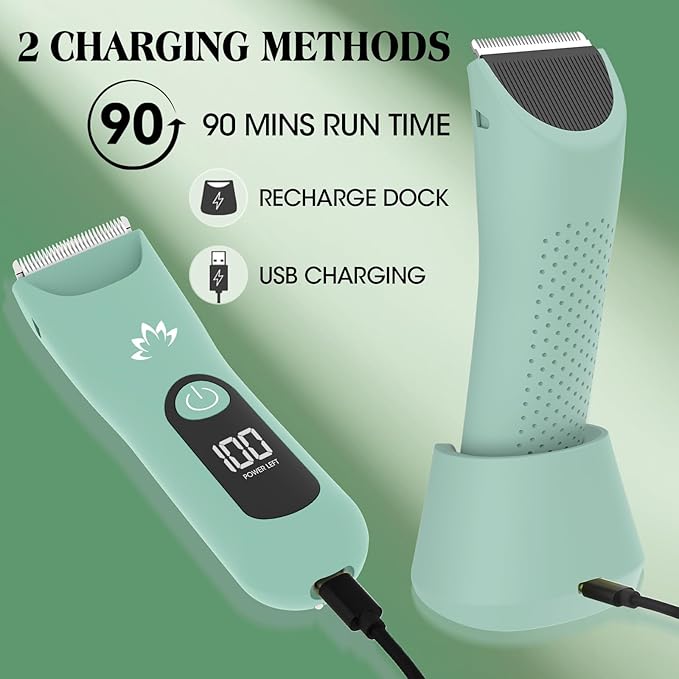 Electric Bikini Trimmer for Women,Electric Razors for Women,Cordless Pubic Hair Trimmer,IPX7 Waterproof & LED Display Mens Ball Trimmers Bikini Shaver for Underarm Leg Arm,Gifts Green