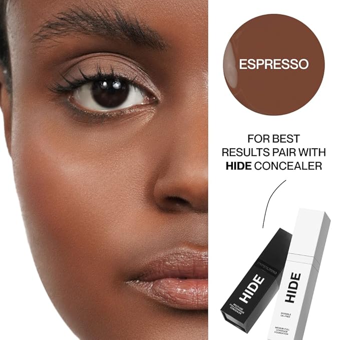 HIDE PREMIUM Liquid Foundation, SEE SHADE FINDER Below For Perfect Match, Multi-Use Waterproof Foundation, Medium/Full Coverage Foundation, Oil Free – We Have a Shade For All Skin Types, 1 fl. Oz. (Espresso)