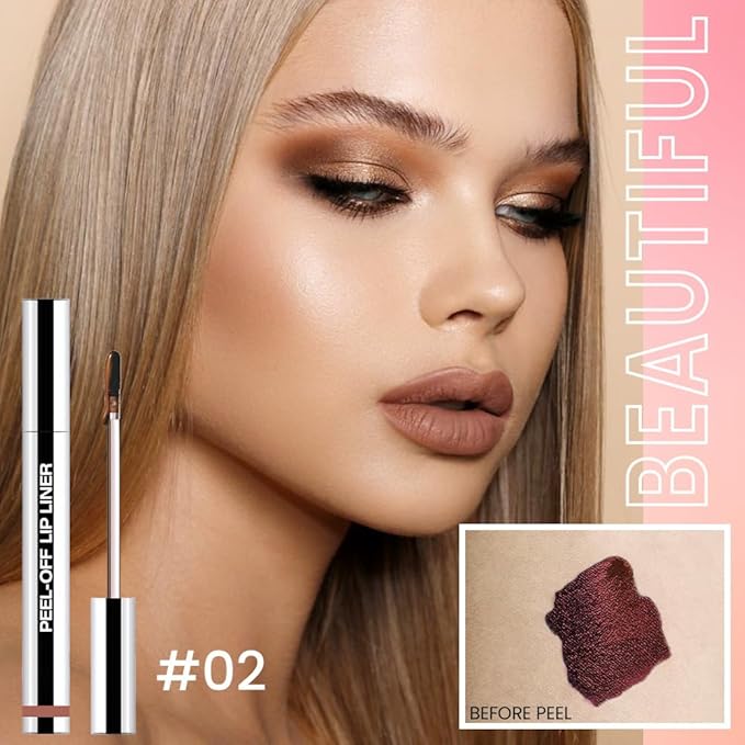 Matte Lip Stain Peel Off Lip Liner, Brown Peel Off Lip Stain Tattoo,Long Lasting & Waterproof Peel Off Lip Gloss Lip Liner,Transfer-Proof All Skin Types.0.12 fl oz #02