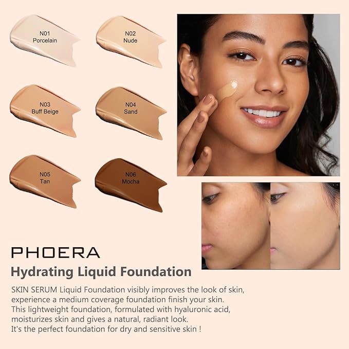 PHOERA Hydrating Serum Foundation,Flawless Full Coverage and Hypoallergenic Makeup Base Foundation. (N06 Mocha, norm)