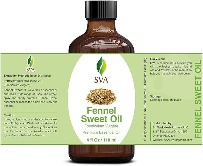 SVA Sweet Fennel Essential Oil – 4 Fl Oz – 100% Natural Fennel Oil - for Diffuser, Hair Care, Face, Skin Care, Aromatherapy, Scalp and Body Massage, Soap and Candle Making – with Dropper