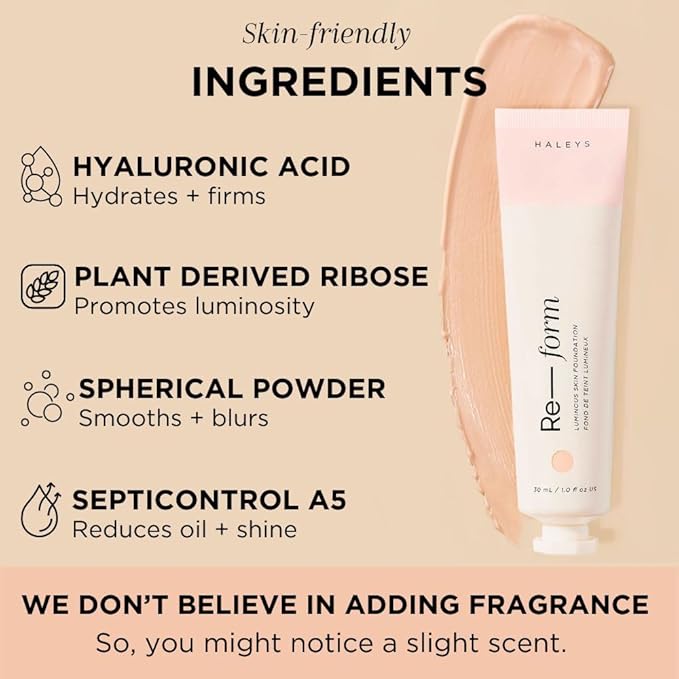 HALEYS Re-form Luminous Skin Foundation, VEGAN + CRUELTY-FREE, Blurs, Conceals, Blendable, Buildable Med-to-Full Coverage, Weightless, Oil-free, All-Day Wear, Hyaluronic Acid, All skin types (2.5)