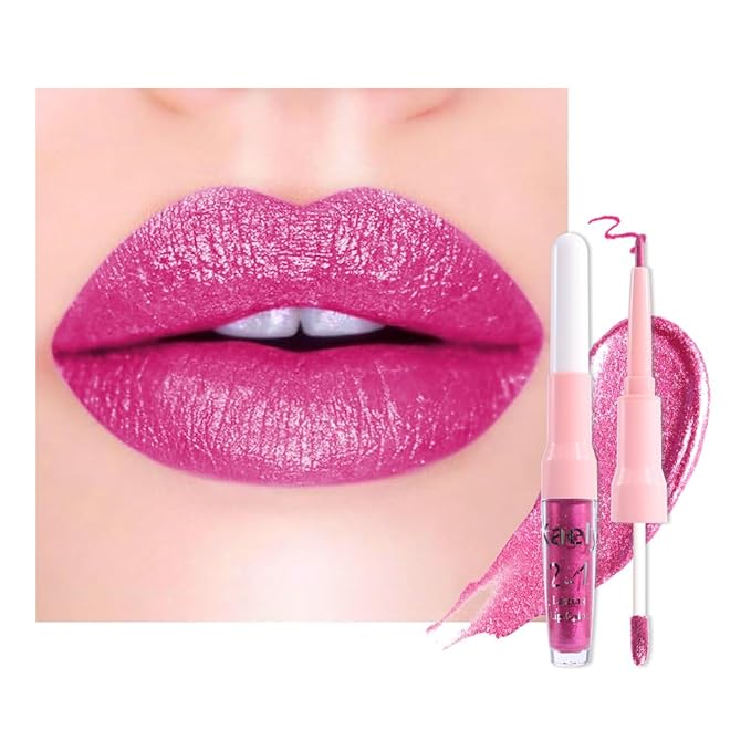 evpct Rose Metallic Glitter Lip Liner and Lipstick Combo Lip Gloss Stain Set Makeup for Women Long Lasting Waterproof 24, Metal Barbie Frosted Metallic Shimmer Glossy Iridescent Liquid Lipstick 15