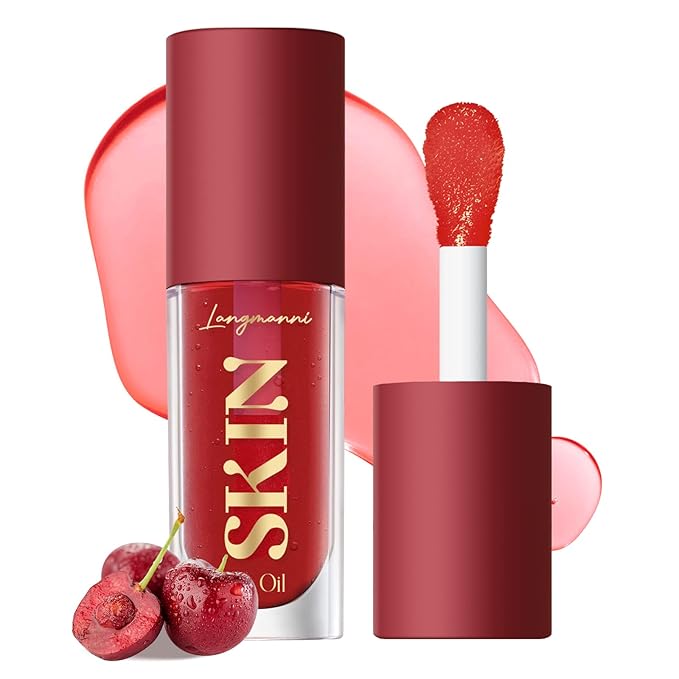 Big Brush Head Hydrating Lip Glow Oil Plumping Lip Tint, Hydrating Lip Gloss Tinted Lip Balm Transparent Lip Care, Long Lasting Nourishing Non-sticky Fresh Texture (Cherry)