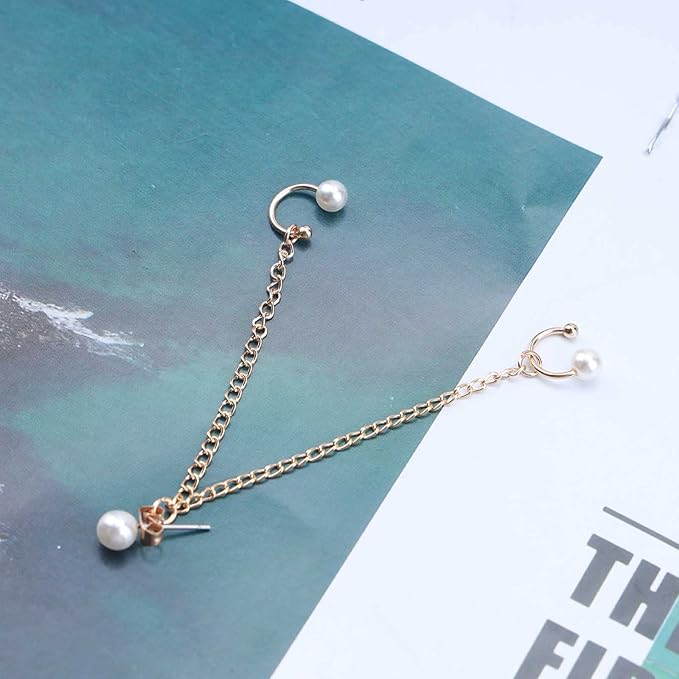 Vintage Pearl Cuff Chain Earrings Gold Chain Ear Cuffs Dangle Chain Cartilage Earrings Pearl Studs Earrings Cartilage Helix Earrings Helix to Lobe chain earrings Jewelry for Women and Girls (Gold A)