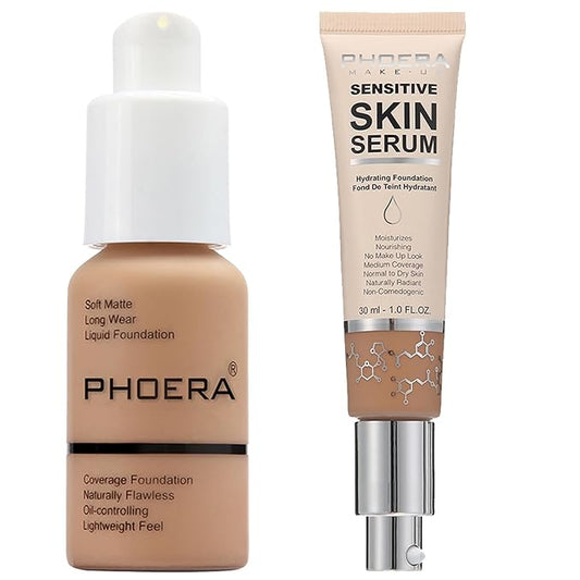 PHOERA Foundation Full Coverage,and Medium Coverage 2024 New PHOERA Foundation Makeup for Mature Skin, Lightweight Wrinkles Matte Natural Finish for a Flawless Complexion(105+N04/Sand+Sand)