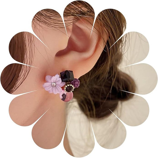 Boho Amethyst Flower Drop Earrings Vintage Purple Rhinestones Flora Petal Earrings Statement Purple Rose Studs Wedding Prom Geometric Crystal Flower Earrings Jewelry for Women