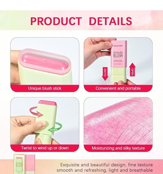 On-the-Go Makeup Blush Stick Tinted Moisture Stick, Shadow Lips Cheek Blusher Creamy Makeup Long Lasting Natural Nude Makeup for All Skin (pink)