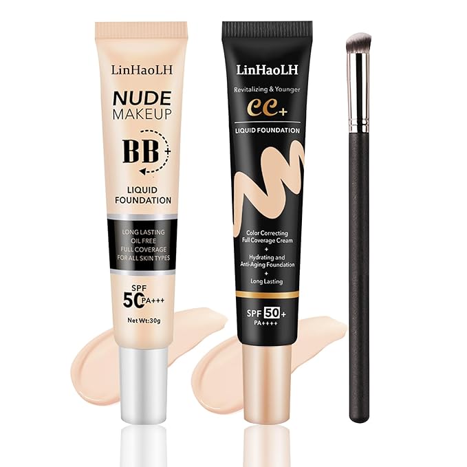 Full Coverage Concealer Foundation,Oil Control Long Lasting Lightweight BB Cream Tinted Face Moisturizer with SPF 50+ PA+++,Moisturizing CC Cream Liquid Foundation Makeup Brush Set（2 Pack）