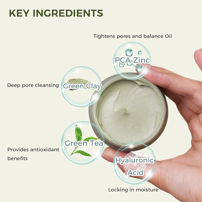 Purifying Green Tea Mask, Natural Facial Clay Mask Deep Pore Cleansing with Green Tea Extract and Portulaca Extract, for Clogged Pores, Detoxifies & Balance Oil, 3.52 fl.oz