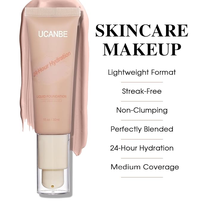 UCANBE Matte Liquid Foundation with Brush, Serum Foundation Face Makeup with Hyaluronic Acid, Medium to Full Coverage Waterproof Oil Control Longwear, for Mature Skin, Natural Ivory, 1 fl. oz.