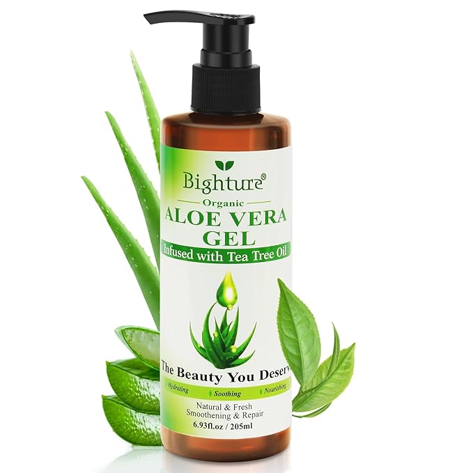 Organic Aloe Vera Gel with Tea Tree Oil for Face & Body, Freshly-cut Aloe Vera Gel Ideal for Skin, Scalp, & Hair Hydration, Calming Moisturizer for Soothing After Sun Care Relief, 6.93 oz